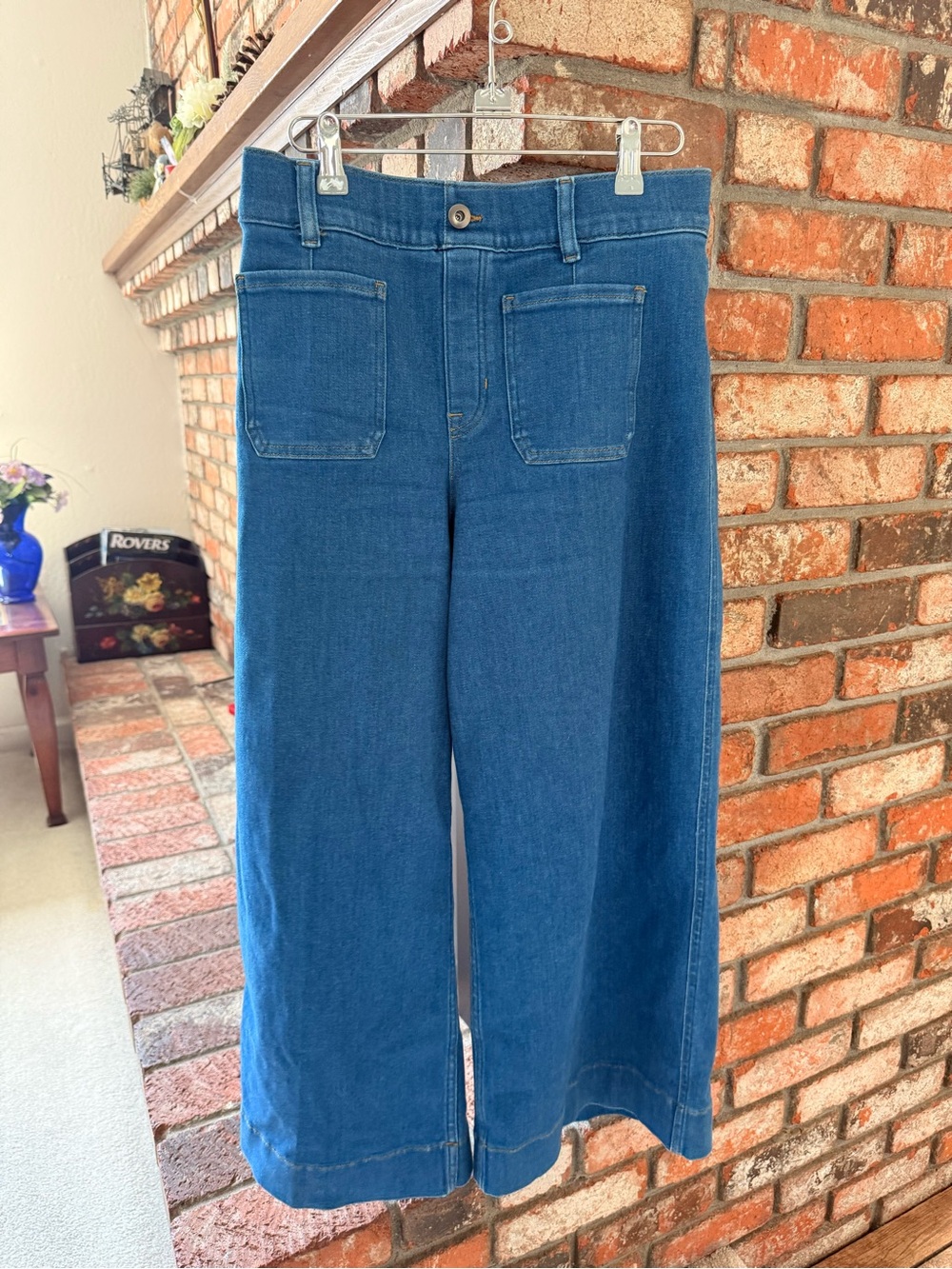 SPANX Women's Wide-Leg Blue Denim Jeans Button Closure Patch Pockets XL